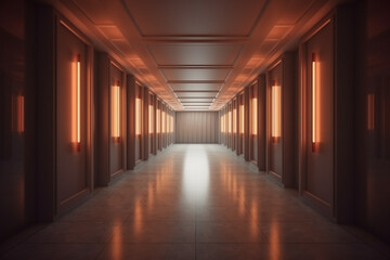 Fototapeta premium Illuminated corridor interior design. Empty Room Interior Background, creative ai