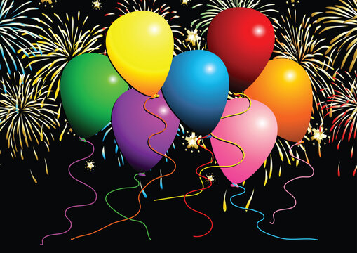 Set of flying balloons and fireworks over black background
