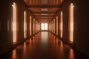 Fototapeta na wymiar Illuminated corridor interior design. Empty Room Interior Background, creative ai