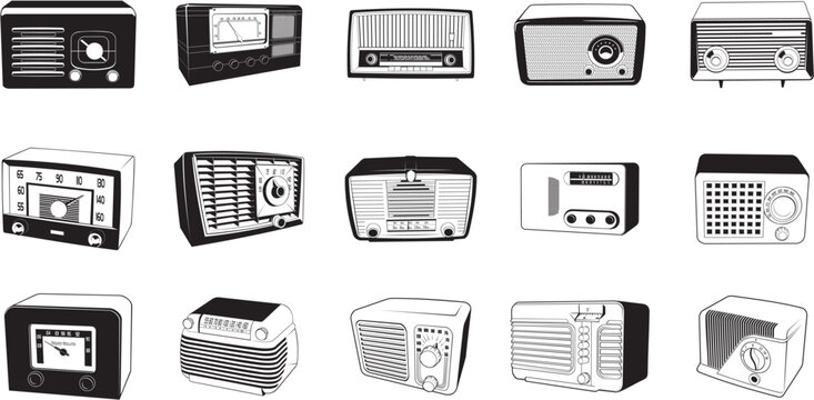 Collection of smooth vector EPS illustrations of various retro radios