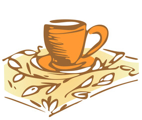 Stylized tea cup and ornate napkin isolated on a white background.