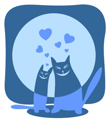 Two enamored  cats on a moon background. Valentines illustration.