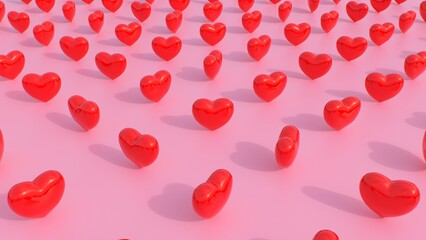 Shiny Red Reflective 3D Hearts Spin Rotate Above Simple Pink Floor - Abstract Background Texture
