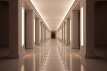 Illuminated corridor interior design. Empty Room Interior Background, creative ai