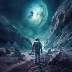 Obraz premium Astronaut exploring a planet while watching the another planet in the same galaxy. AI generated image. 