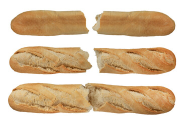 A set of several loaves of long white bread isolated on a white background. Crispy baguette loaf...