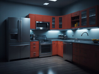A kitchen mockup brought to life through Pixar 3D animation, showcasing a modern and futuristic design