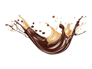 Fototapeta premium Chocolate splash, cocoa and coffee milk wave swirl with crushed peanuts isolated on transparent or white background, png
