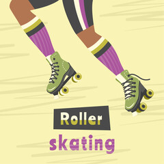 Roller skating. Legs of skater women, pink socks, sportswear. Young girl in sports shorts rollerblading. Retro poster in 90s, 80s, 70s style. Freedom, lifestyle concept. Vector flat illustration