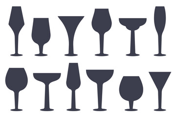 Set of silhouettes glass empty glasses isolated. Glassware of different forms for alcohol beverage and cocktail. Utensils for champagne, wine, Brandy, Whiskey, Cognac, Gin. Vector flat illustration