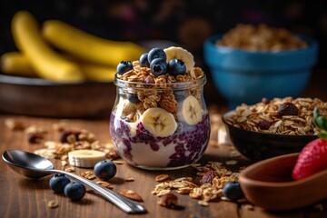 Acai with banana and granola over a wooden table. Generative AI