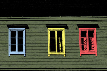 Editable vector illustration of three wooden windows