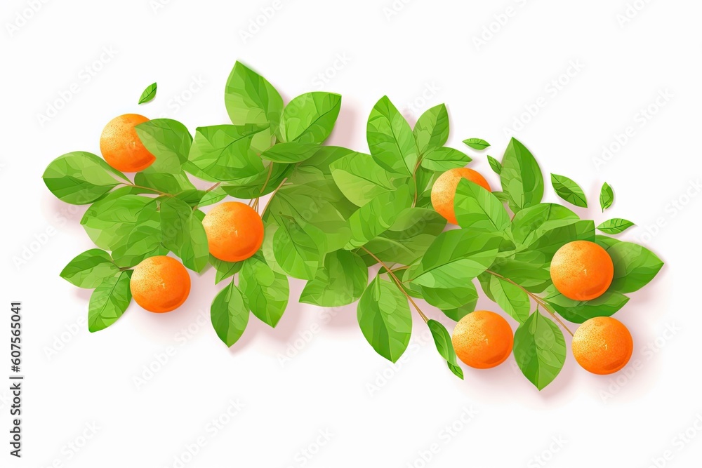 Poster branch of fresh oranges with green leaves isolated on a white background generative ai