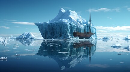 an iceberg floating in the ocean, arctic landscape with blue sky and frozen sailing ship, fictional landscape created with generative ai