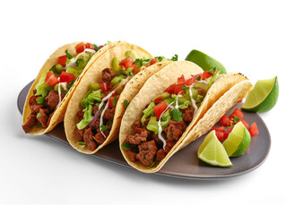 Tacos with beef, tomatoes, avocado, chilli and onions isolated on transparent or white background, png