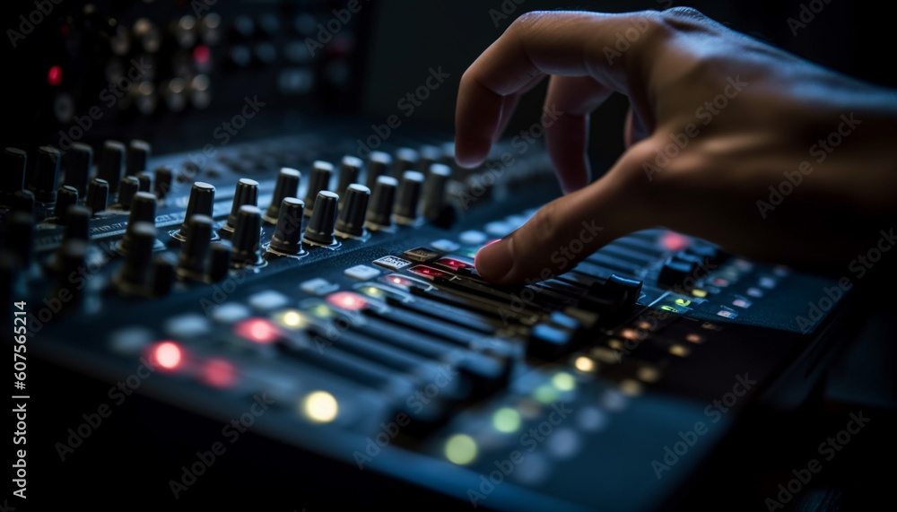 Poster sound engineer adjusting equipment in recording studio generated by ai
