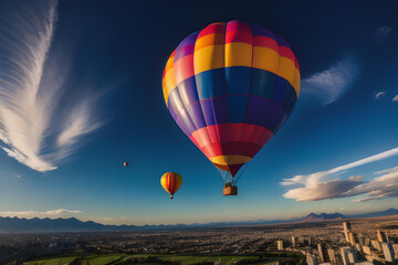 Illustration of hot air balloon flying towards blue sky