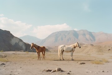 Portrait of horses standing against by mountain against sky. Generative AI