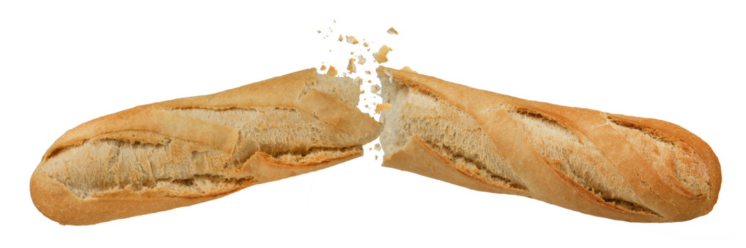 Loaf of long white bread isolated on white background. A loaf of crispy French baguette broken in half, crumbs flying in different directions. To be inserted into a design or project.