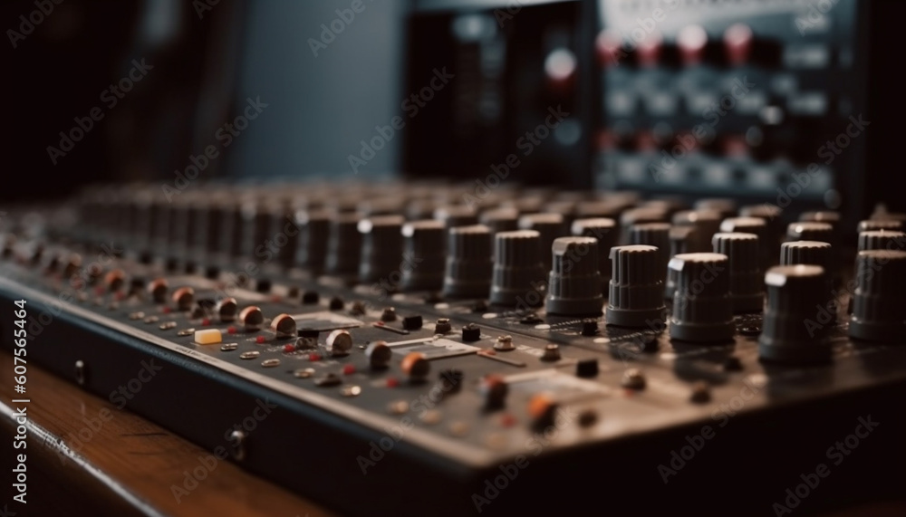 Poster sound engineer adjusting mixer knobs in recording studio generated by ai