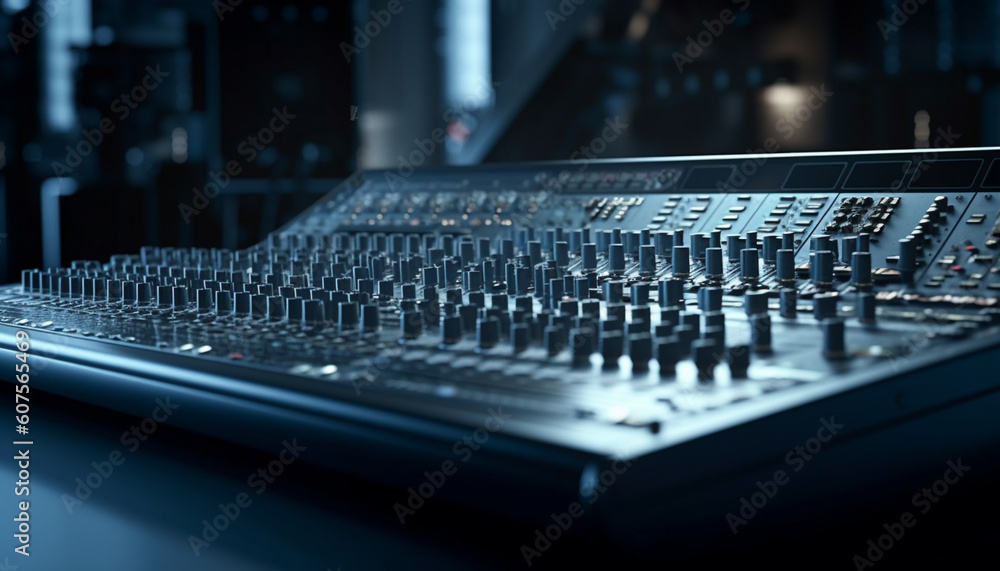 Poster sound engineer pushing knob on mixing desk generated by ai