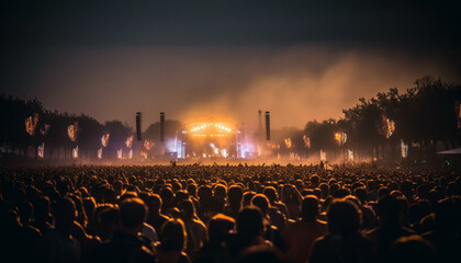 Backlit stage, smoke, crowd, illuminated night generated by AI