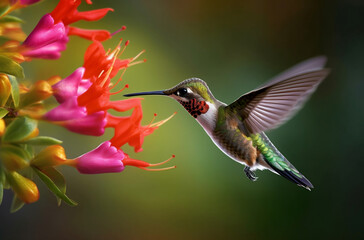 Naklejka na ściany i meble Hummingbird hovering near a beautiful flower. Generative AI.
