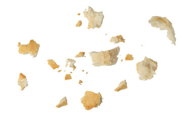 Fresh white bread crumbs isolated on white background. Isolate crumbs of different sizes for...