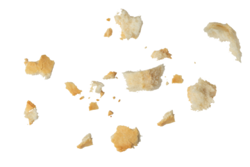 Fresh white bread crumbs isolated on white background. Isolate crumbs of different sizes for inserting into a design or project.