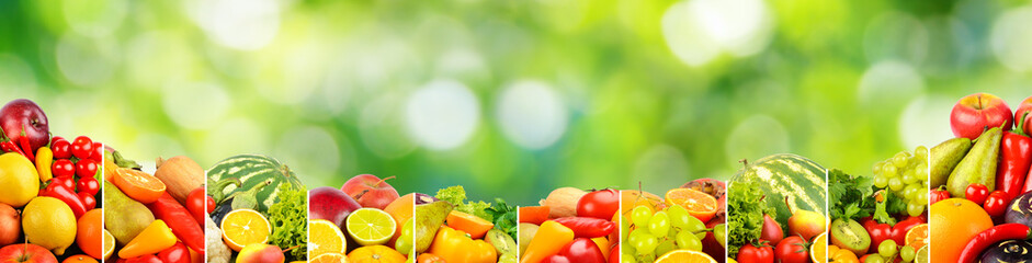Wide panorama fruits, vegetables, berries for your layout on green background