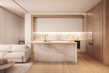 modern white kitchen and living room with minimalist decor Generative AI