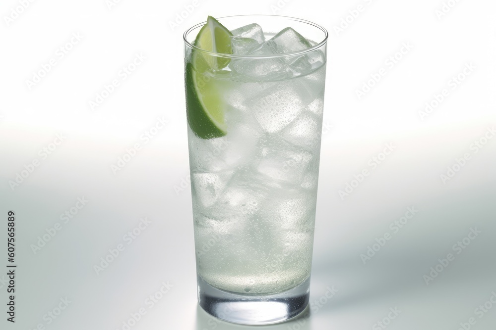Poster refreshing drink with ice and lime generative ai