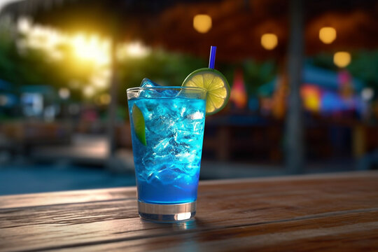 blue lagoon cocktail on the wooden table, Generative AI