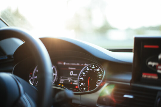 Kyiv. Ukraine: - May 16, 2021: Audi A7, cockpit interior cabin details, speedometer and tachometer