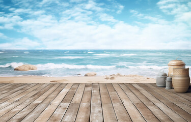 Fototapeta na wymiar Seaside table beach scene made with AI generative technology