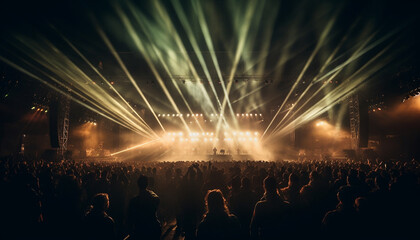 Fototapeta na wymiar Glowing stage light illuminates cheering rock fans generated by AI