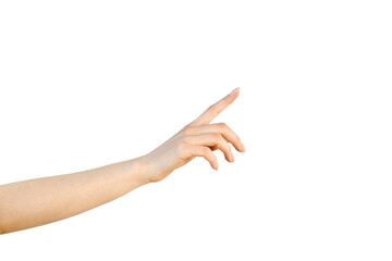 A woman's hand, isolated on a white background, points straight with her index finger. Beautiful, elegant hand gesture, isolate, fingers, pointer