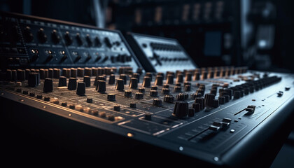 Professional sound engineer adjusts nightclub audio equipment generated by AI