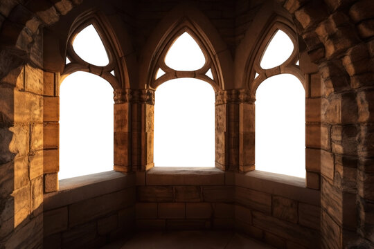 fancy medieval arched windows. Isolated PNG. Transparent background.