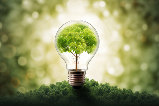 Light bulb with a green tree inside with an energy resources icon. AI