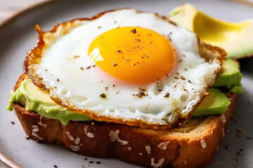 A piece of toast topped with slices of avocado, and on top of it a fried egg on top. AI
