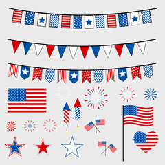 set, happy memorial day, typography, usa flag and commemorative elements, package design. USA flag, fireworks, flags, decorations and many other illustrations in one big set.