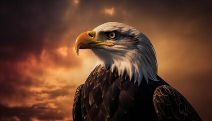 Fototapeta premium Majestic bird of prey soaring in sunset sky generated by AI