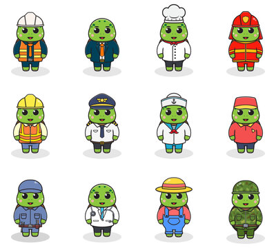 Vector set of cute Turtle with different professions. Cartoon cute Turtle dressed in different occupation uniform. Vector characters with jobs different occupation.