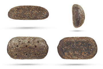 Fototapeta na wymiar Set of black loaves of bread on a white isolated background. Loaves of black fresh bread with cannabis seeds. Top view, bottom view and side view.
