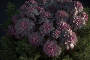 Illustration of lush green plant with purple flowers blooming on top Generative AI