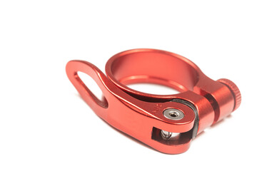 Red aluminum seat clamp isolated above white background with copy space