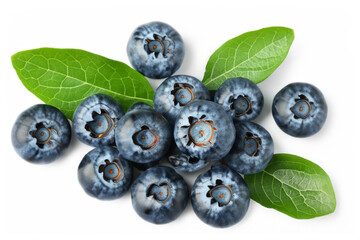 Fresh blueberries with leaves isolated on white background
