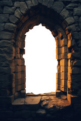 arched stone dungeon window. medieval window. Isolated PNG. Transparent background.