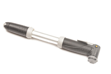 Aluminum bicycle pump isolated above white background with copy space
